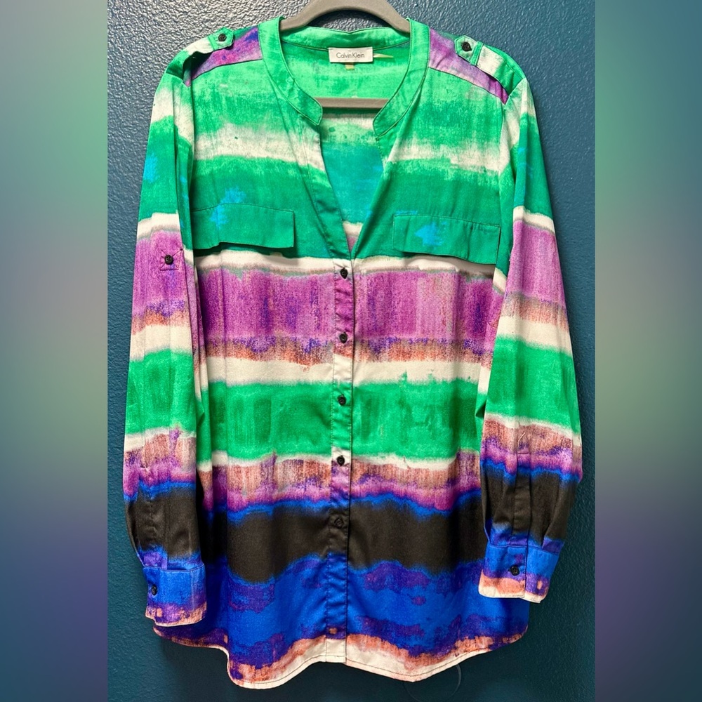 Calvin Klein Tie Dye Colorblock Stripe Roll Tab Blouse